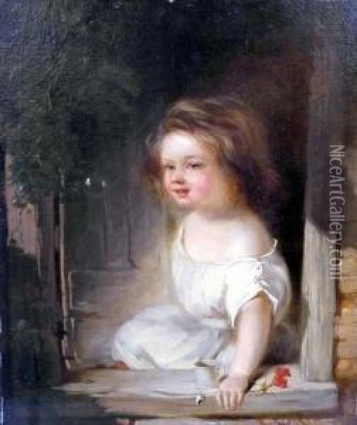 Kleines Madchen, Am Fensterbrett Spielend Oil Painting - Alexis-Joseph Mazerolle