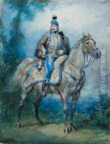 Portrait Equestre D'un Hussard Oil Painting - Eugene Louis Lami