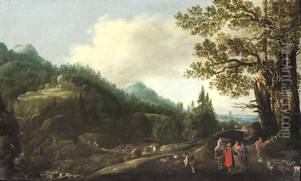 An extensive wooded landscape with the Reconcilliation of Jacob and Laban Oil Painting - Joachim Govertsz. Camphuysen
