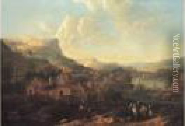 Paysage De La Vallee Du Rhin Anime De Cavaliers Et Promeneurs Oil Painting - Christian Georg Schuttz II