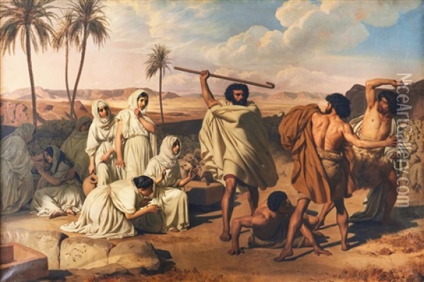 Moses Defending The Daughters Of Jethro At The Well Oil Painting - Eugene Roger