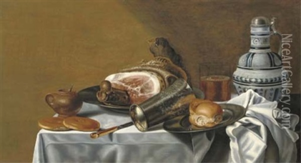 A Ham And A Bread Roll On Pewter Plates, A Silver-gilt Beaker, A Beer Glass, A Stoneware Jug, A Knife, Bread And A Stoneware Mustard Jar, On A Draped Table Oil Painting - Pieter Van Berendrecht