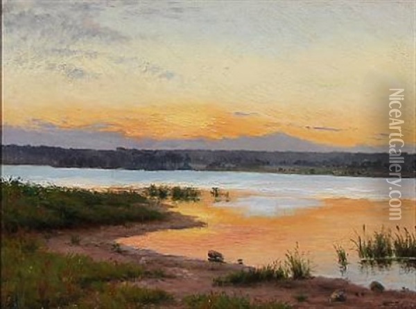 Fiord Landscape At Sunset Oil Painting - Emma Meyer