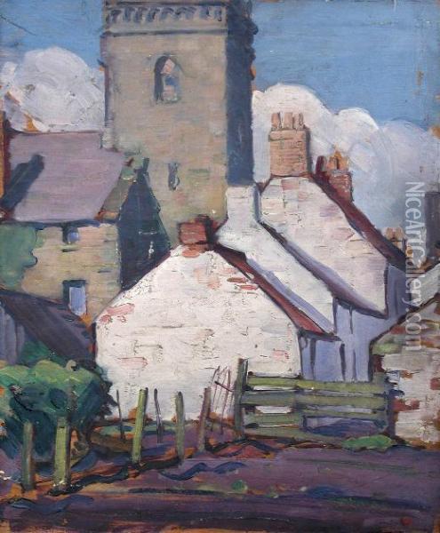 Cottages By A Church Oil Painting - Joseph Simpson