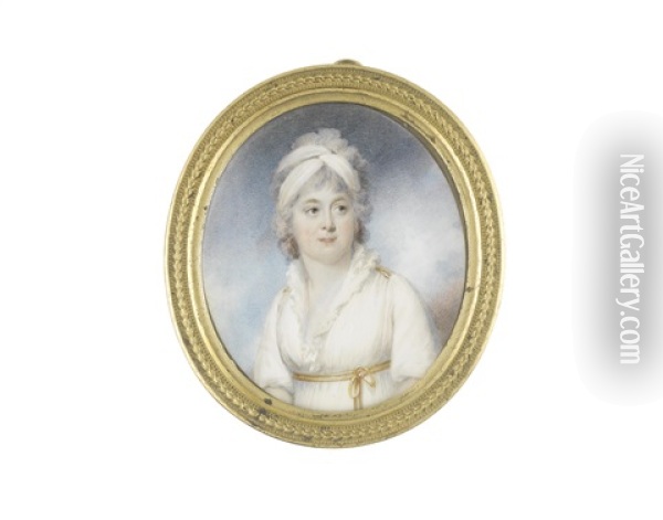 A Pair Of Miniatures Portraying Sir William Beaumarris Rush (1750-1822) And Lady Laura Rush Nee Carter: The Former, Wearing Blue Coat, White Waistcoat, Stock And Frilled Cravat; The Latter (2 Works) Oil Painting - William Wood