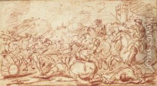 Une Scene De Bataille Avec Cavaliers Et Une Tour Fortifiee A L'arriere-plan Oil Painting - Charles Parrocel
