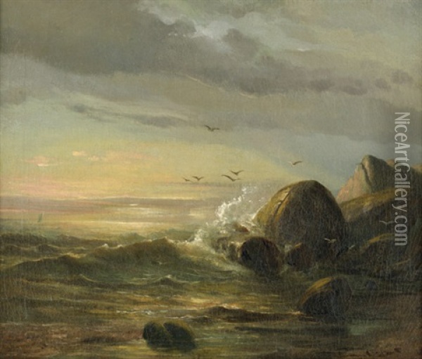 Sturmische See An Einer Felskuste Bei Sonnenuntergang Oil Painting - Johan Christian Dahl