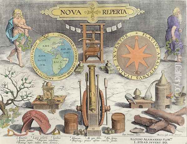 Frontispiece to Nova Reperta New Discoveries engraved by Theodor Galle 1571-1633 c.1600 Oil Painting - Giovanni Stradano