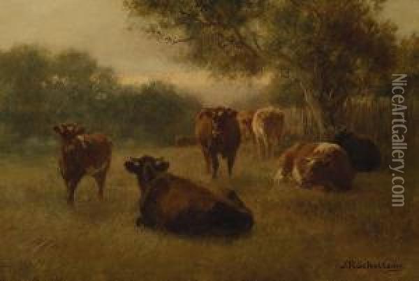 Cattle Resting Under Trees, Heidelberg Oil Painting - Jan Hendrik Scheltema