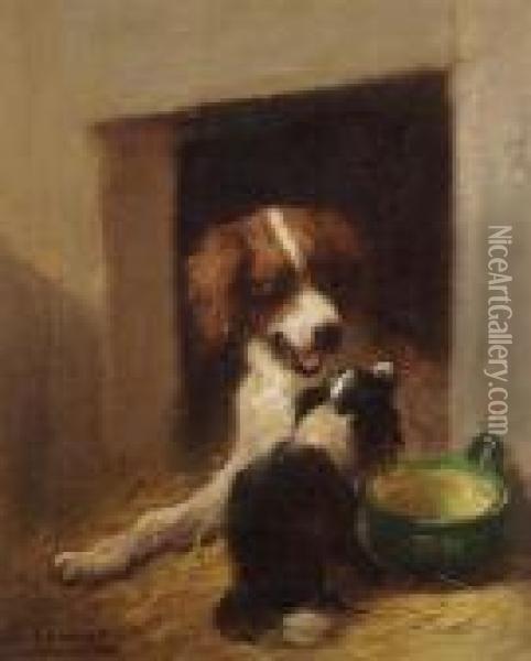 Two Dogs Near A Doghouse Oil Painting - Henriette Ronner-Knip