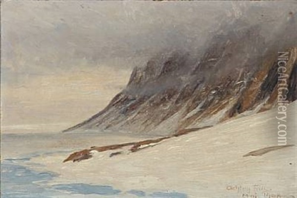 Rocky Coast With Low Hanging Clouds In The Northeastern Part Of Greenland Oil Painting - Achton Friis