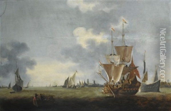 Merchantmen And Other Shipping Sailing Out Of The Harbour Of Dordrecht, A Ferry With Figures To The Left Foreground Oil Painting - Hendrick De Meijer