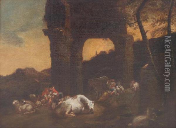 Italianate Landscape With Peasant Girl, Shepherd And Cattle Oil Painting - Nicolaes Berchem