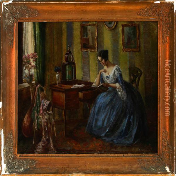 Interior With A Youngwoman Reading Oil Painting - Nina Karasek