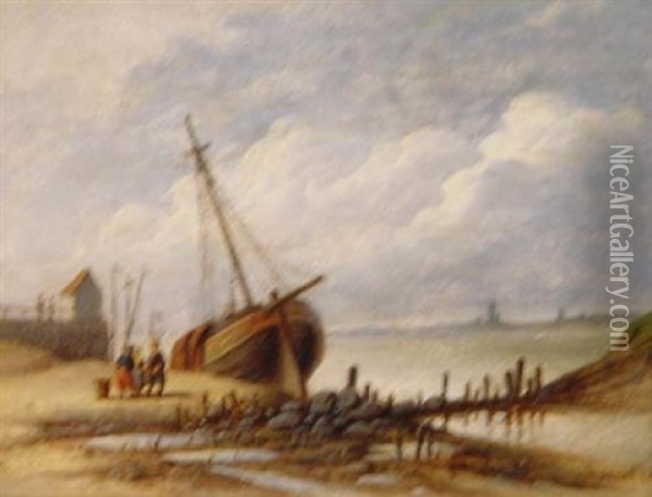 Trocken Aufliegendes Segelschiff In Einem Hafen Der Ostseekuste Oil Painting - Carl Theodor Staaf