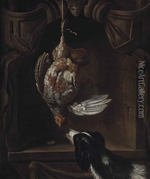 A Partridge In A Sculpted Cartouche, With A Spaniel Oil Painting - Enoch Seeman