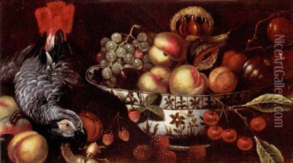 Still Life With Peaches, Figs, Grapes And Plums In A Blue And White Porcelain Bowl, Together With Other Fruit And A Grey Parrot Oil Painting - Michiel Simons