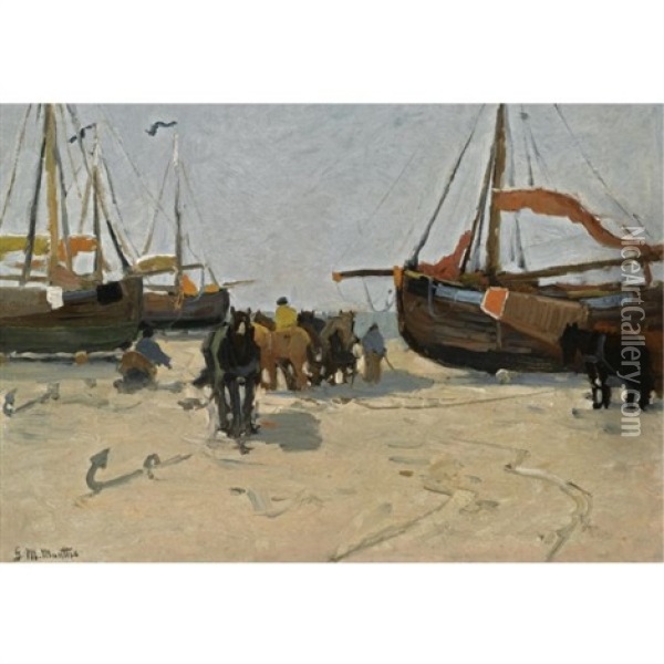 Fisher Folk And Bomschuiten On The Beach Oil Painting - Gerhard Arij Ludwig Morgenstjerne Munthe