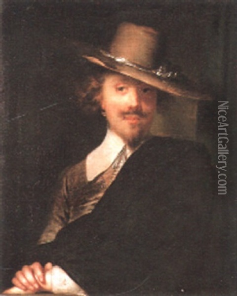 Portrait Of A Gentleman, Half Length, Wearing A Wide Brimmed Grey Hat Oil Painting - Antoine Pesne