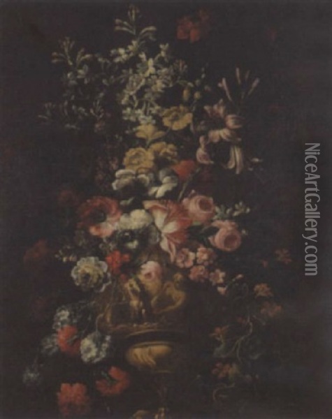 Floral Still Life In A Gold Urn Oil Painting - Bartolome Perez