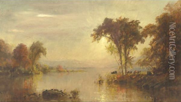 Autumn Splendor On The Susquehanna With Turtles And Cows Oil Painting - Jasper Francis Cropsey
