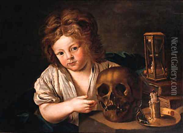 A Vanitas a boy seated at a table with a skull Oil Painting - Antoine Le Nain