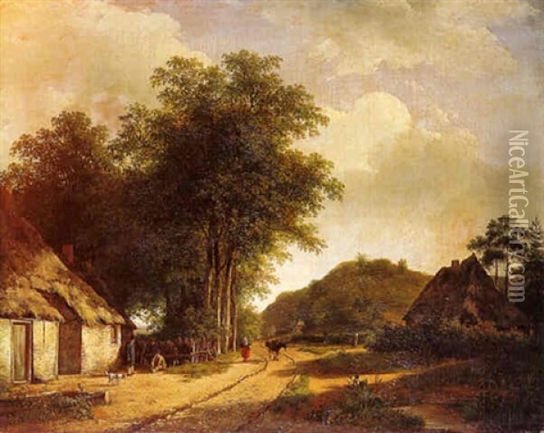 A Summer Landscape With A Peasantwoman And A Donkey On A Sandy Path Along A Farm Oil Painting - Andreas Schelfhout