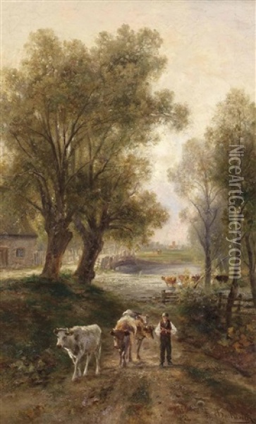 Kuhherde Am Bauernhof-weiher Oil Painting - Emil Barbarini