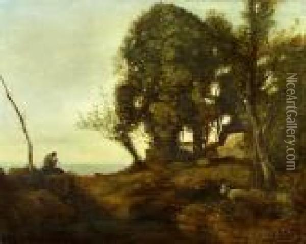 Le Chevrier Assis Dans La Clairere Sur Une Roche Oil Painting - Jean-Baptiste-Camille Corot