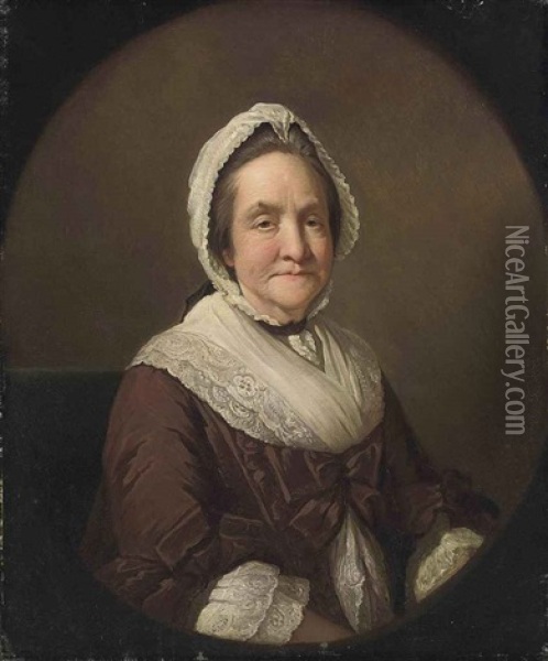 Portrait Of Frances Adcock, Mrs. Robert Butcher (b. 1710) In A Brown Dress And Lace Shawl And Cap Oil Painting - Mason Chamberlin