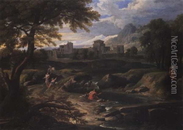 Paesaggio Fluviale Con Figure E Fortezza In Secondo Piano Oil Painting - Gaspard Dughet