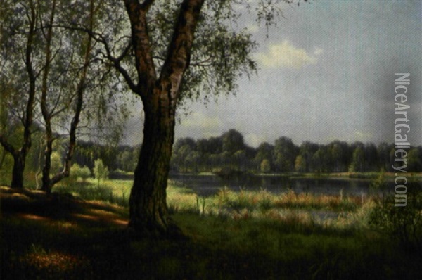 Skovparti Med En So, Tidlig Sommer Oil Painting - Adolf Alfred Larsen