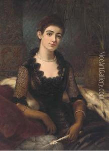 A Portrait Of Mrs James Alexander, Three-quarter Length, In A Blackdress, Holding A Fan Oil Painting - Herbert Sidney