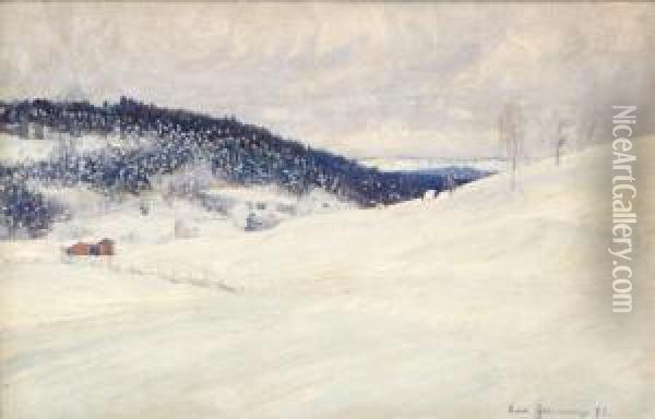 Vinterlandskap Med Fabodar Oil Painting - Carl August Johansson