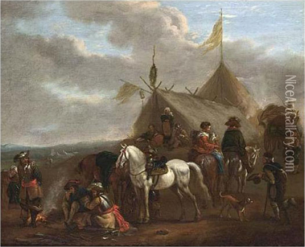An Army Encampment With Soldiers
 Near A Fire, Horses, A Beggar, Travellers, And A Family Outside Tents Oil Painting - Pieter Wouwermans or Wouwerman