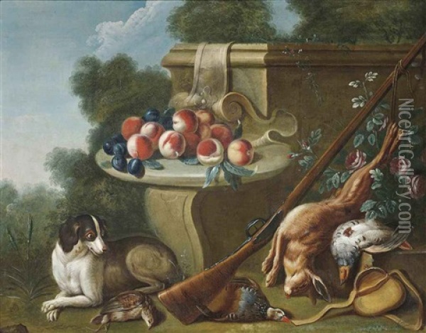 A Hare, A Quail And A Partridge, Peaches And Plums On A Ledge, With A Dog In A Landscape Oil Painting - Alexandre Francois Desportes