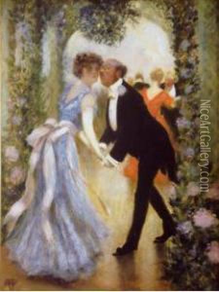 Couple Sous Une Tonnelle. Oil Painting - Albert Guillaume