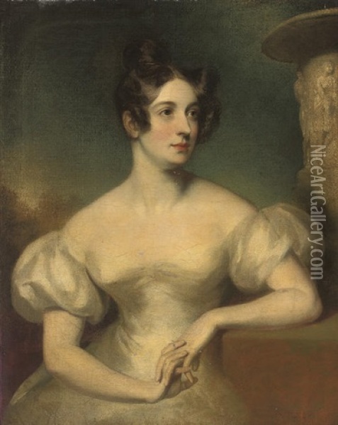 Portrait Of A Lady In An Oyster Satin Dress, Seated By A Stone Urn, A Landscape Beyond Oil Painting - Thomas Lawrence
