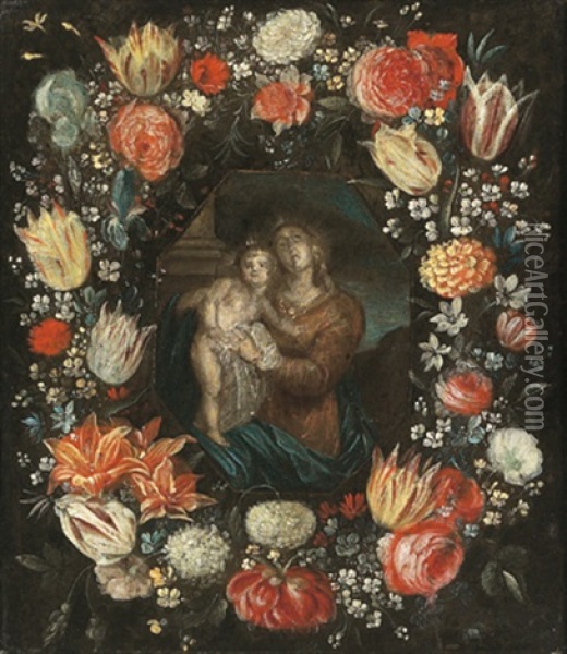 Maria Mit Kind Im Blumenkranz, Die Figuren Stammen Wahrscheinlich Von Cornelis Schut Oil Painting - Andries Daniels