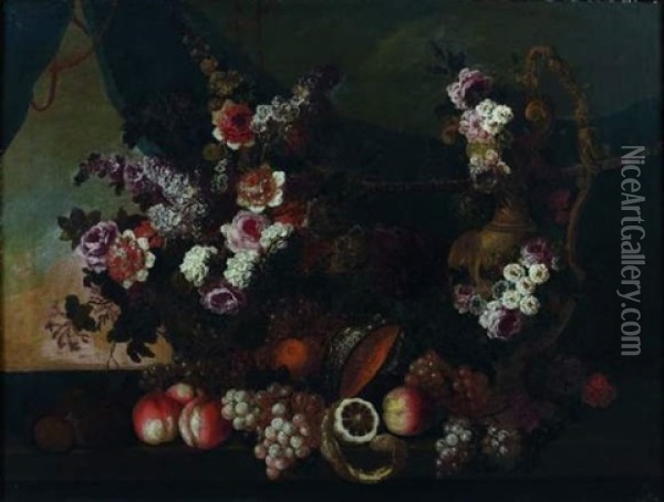 Nature Morte Aux Fleurs Et Aux Fruits Et A La Piece D'orfevrerie Oil Painting - Pierre Nicolas Huilliot