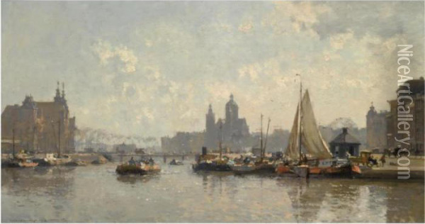 Moored Boats On The Prins 
Hendrikkade In Amsterdam, The Sint Nicolaas Church In The Background Oil Painting - Cornelis Vreedenburgh