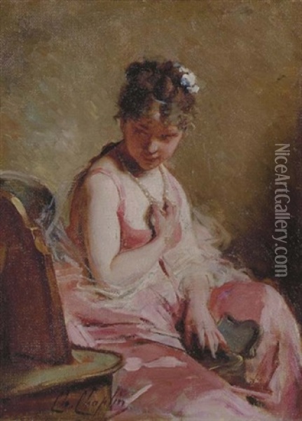 Seated Female Subject In Pink Oil Painting - Charles Joshua Chaplin