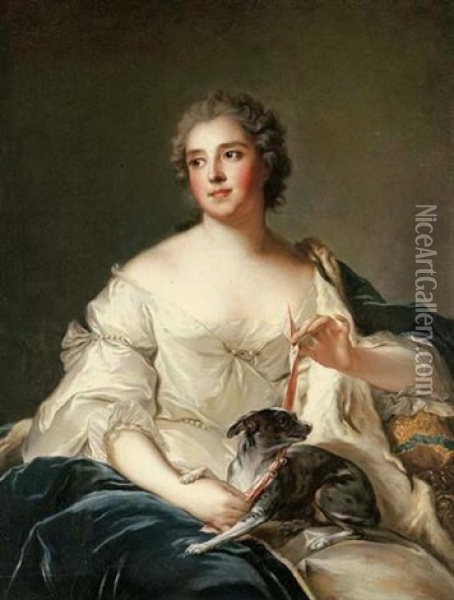 Portrait Of A Lady (la Duchesse De Chevreuse?) In A White Dress Holding A Pink Dog Collar And With A Small Grey Dog On Her Lap Oil Painting - Jean Marc Nattier