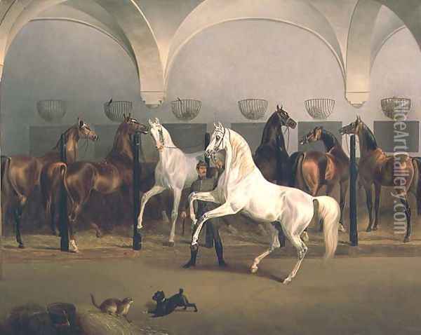 The Stables at Babolna, 1849 Oil Painting - Otto Stotz