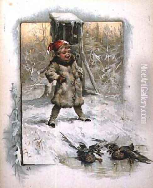 Jack Frost Little boy watching ducks on the ice Oil Painting - John Lawson