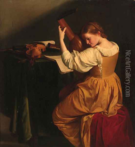 A woman tuning a lute, seated at a draped table with open manuscripts, a violin and wind instruments Oil Painting - Orazio Gentileschi