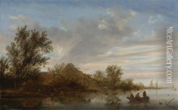 A River Landscape With Fishermen In Rowing Boats And Peasants By A Landing Stage Near A Farmhouse, Shipping Beyond Oil Painting - Salomon van Ruysdael