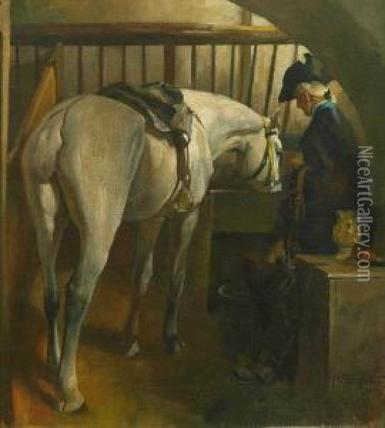 Schimmel Und Reiter Im Stall Oil Painting - Alfred Von Schrotter