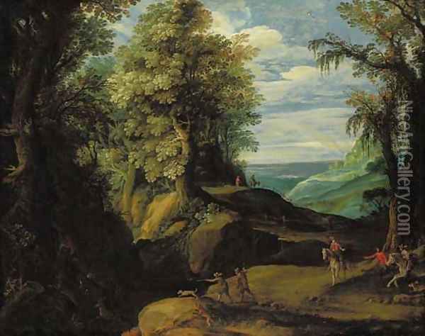 A stag hunt in a wooded lanscape Oil Painting - Paul Bril