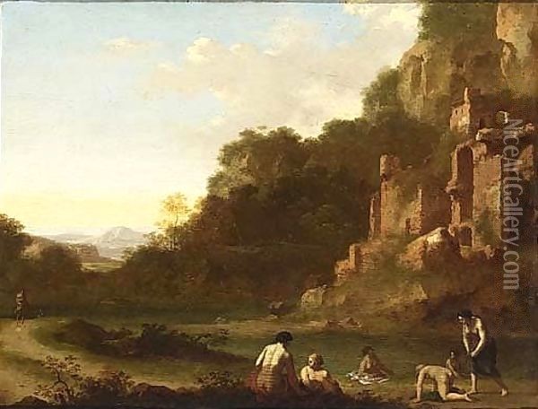 Nymphs Bathing In A Landscape With Ruins Oil Painting - Cornelis Van Poelenburgh